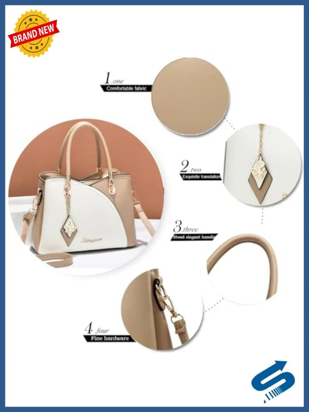 Synthetic Leather Satchel Tote Bag with Gold Hardware, 6 Pockets